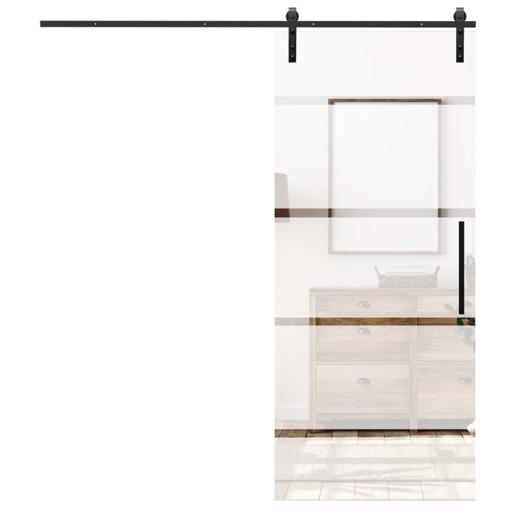 Complete glazen schuifdeur Sky Dusk mat + 4 lijnen helder 93x215cm zwarte vierkante trekker + rail zwart