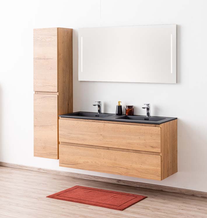 Meuble de salle de bains Daria chêne brun doré suspendu avec lavabo double noir mat 140cm