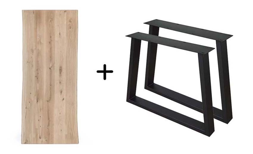 Table métal/bois rectangulaire chêne bord naturel 260x100cm + piètement trapèze noir