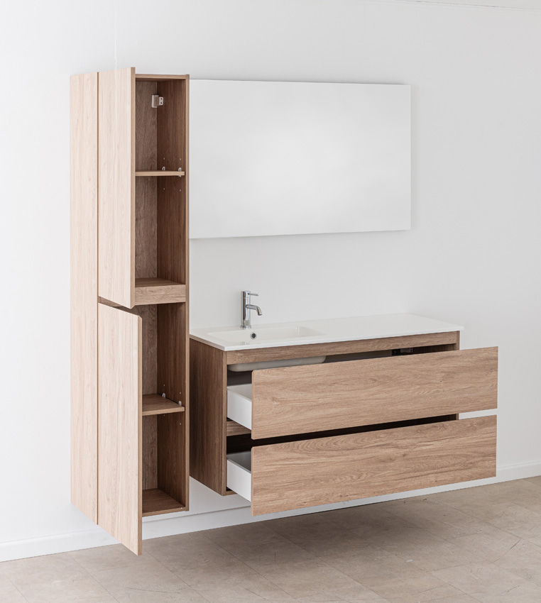 Badkamermeubel Bianca eiklook hangend met enkele wastafel glanzend wit 120,5cm