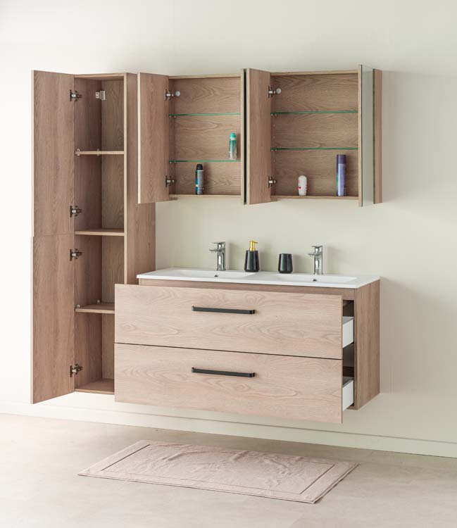 Badkamermeubel Bison eik hangend met dubbele wastafel mat wit 120cm