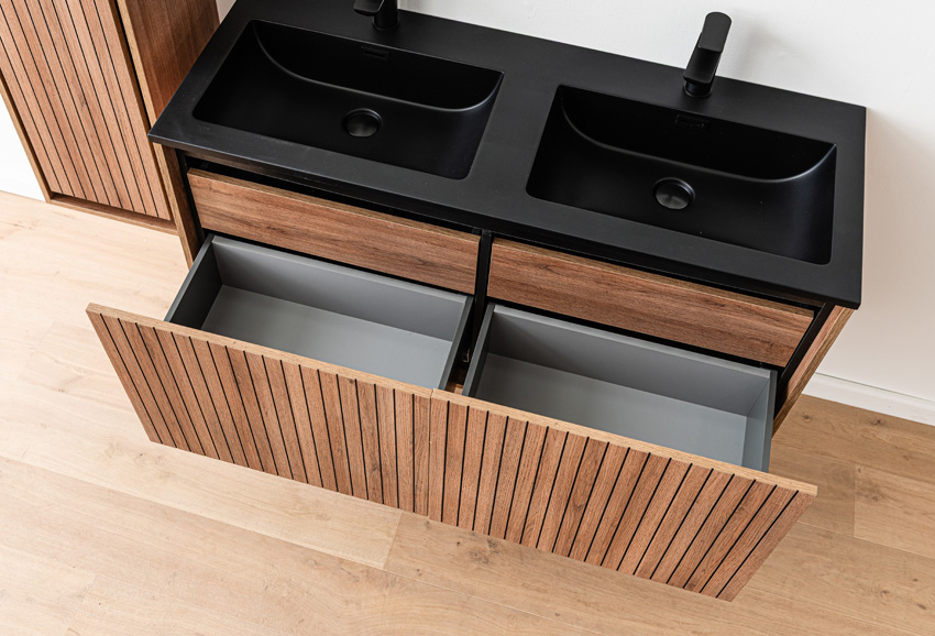 Meuble de salle de bains Toledo chêne/noir avce double lavabo noir mat 120cm