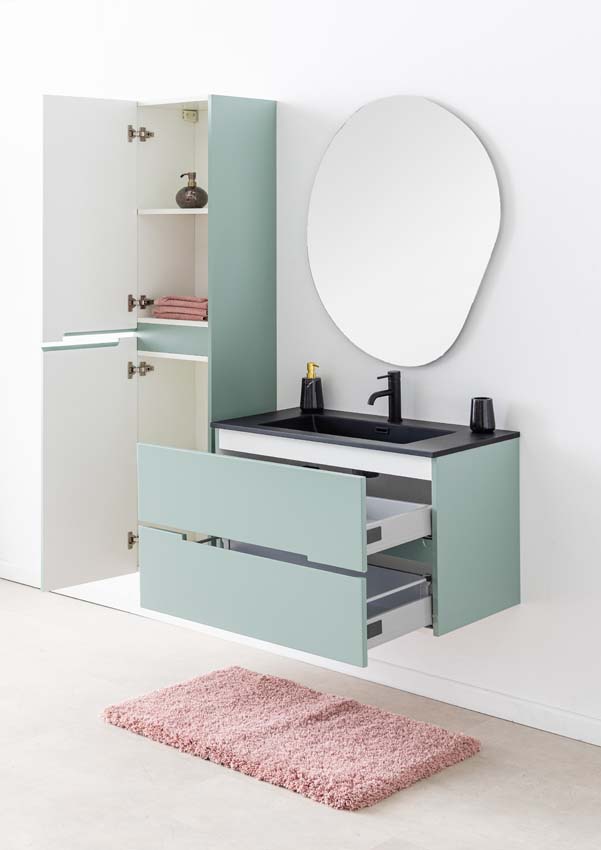 Meuble de salle de bains Truman vert gris suspendu avec lavabo simple noir mat 90cm