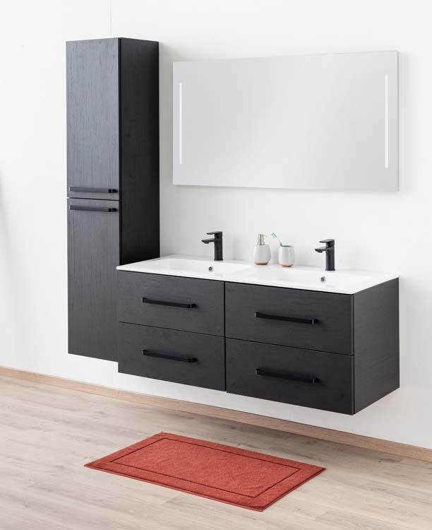 Badkamermeubel Plato zwart houtnerf 140cm - dubbel - glanzend - greep mat zwart