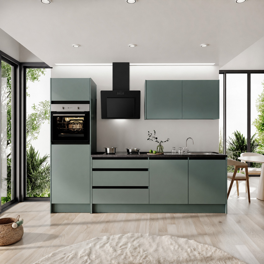 Keuken Berlin groen 273cm - met toestellen - vitrokeramische kookplaat en zwarte wanddampkap