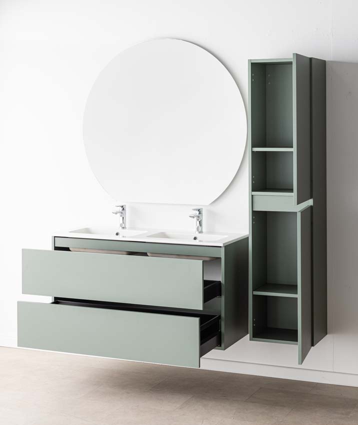 Meuble de salle de bain Dotan eucalyptus vert avec double lavabo blanc brillant 120cm