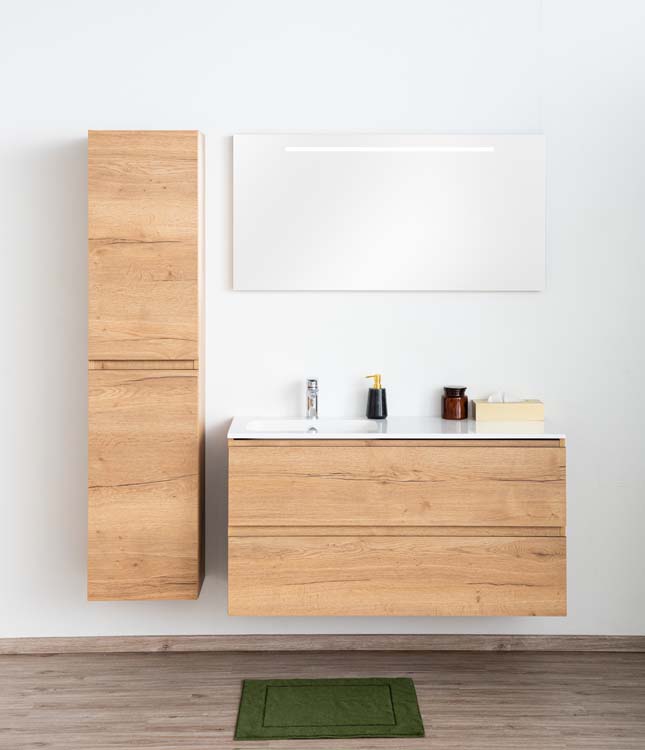 Meuble de salle de bains Daria chêne brun doré suspendu avec lavabo simple à gauche blanc brillant 120cm