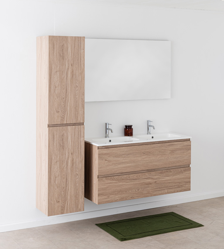 Meuble de salle de bain Bianca aspect chêne suspendu avec double lavabo blanc brillant 120,5cm