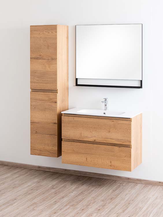Meuble de salle de bains Daria chêne brun doré suspendu avec lavabo simple blanc brillant 90cm Meuble de salle de bains Daria chêne brun doré suspendu avec lavabo simple blanc brillant 90cm