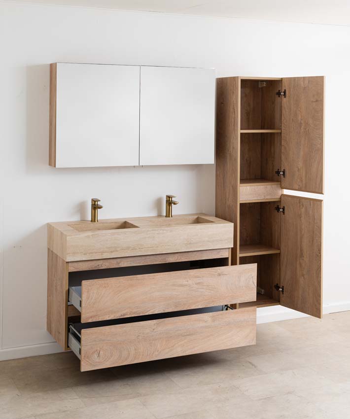 Meuble de salle de bain Tibo chêne avec double lavabo large en travertin 120cm