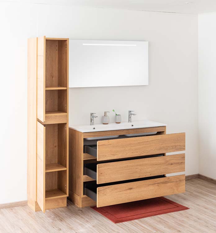 Meuble de salle de bains Daria chêne brun doré sur pied avec lavabo double blanc mat 120cm