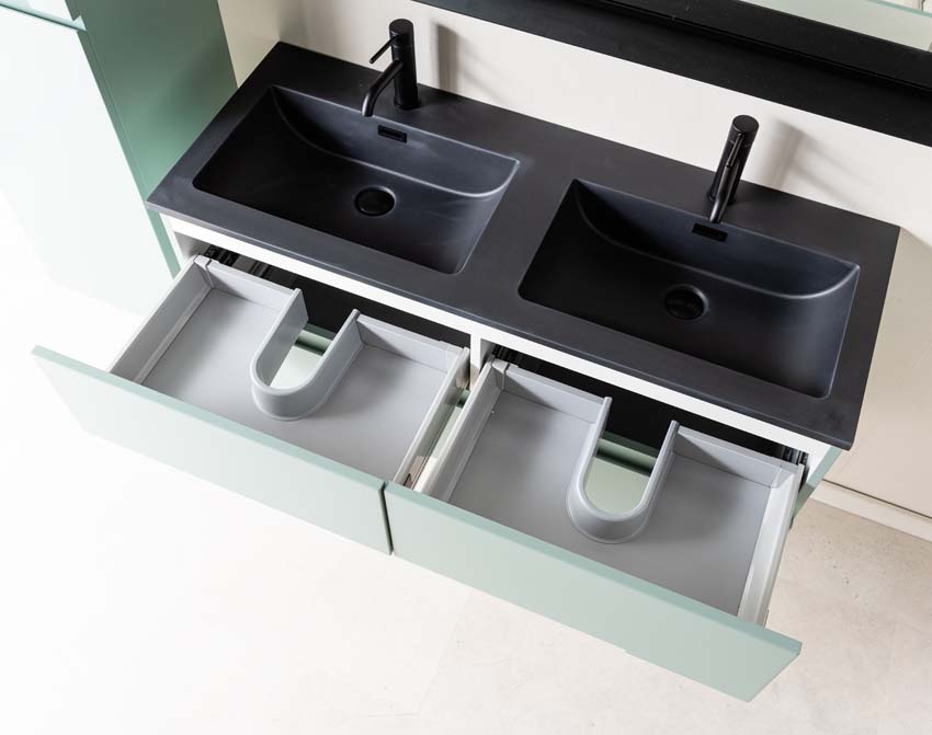Meuble de salle de bains Truman vert gris suspendu avec lavabo double noir mat 120cm
