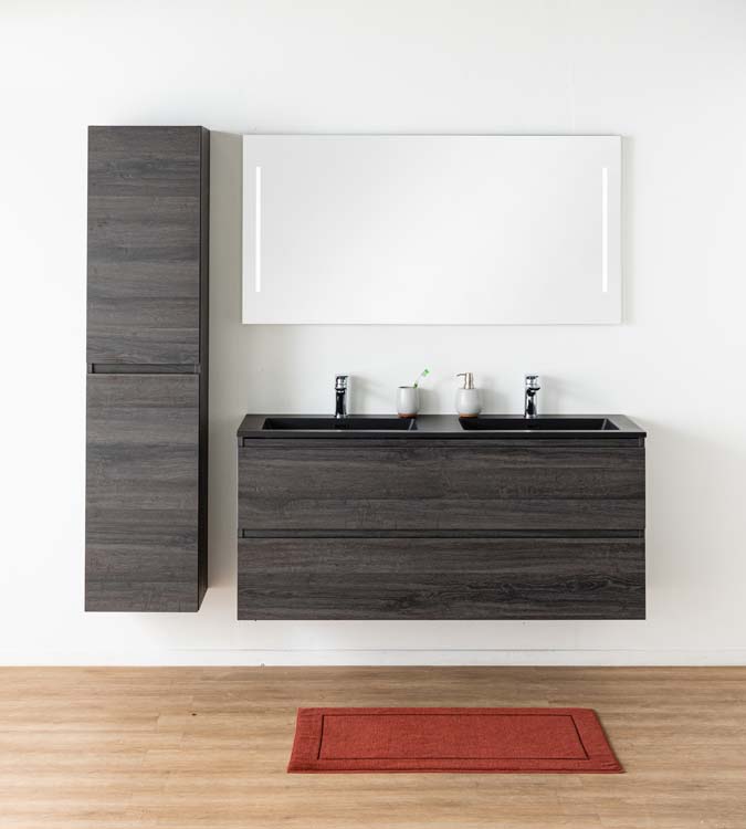 Meuble de salle de bains Dotan chêne foncé suspendu avec lavabo double noir mat 140cm