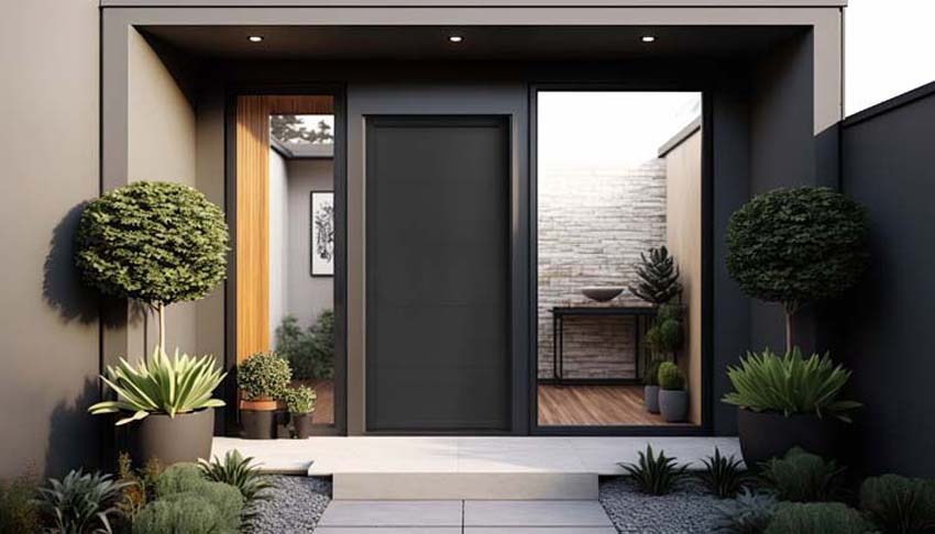 Porte extérieure bois Ebro meranti noir ouvrant à droite sur mesure