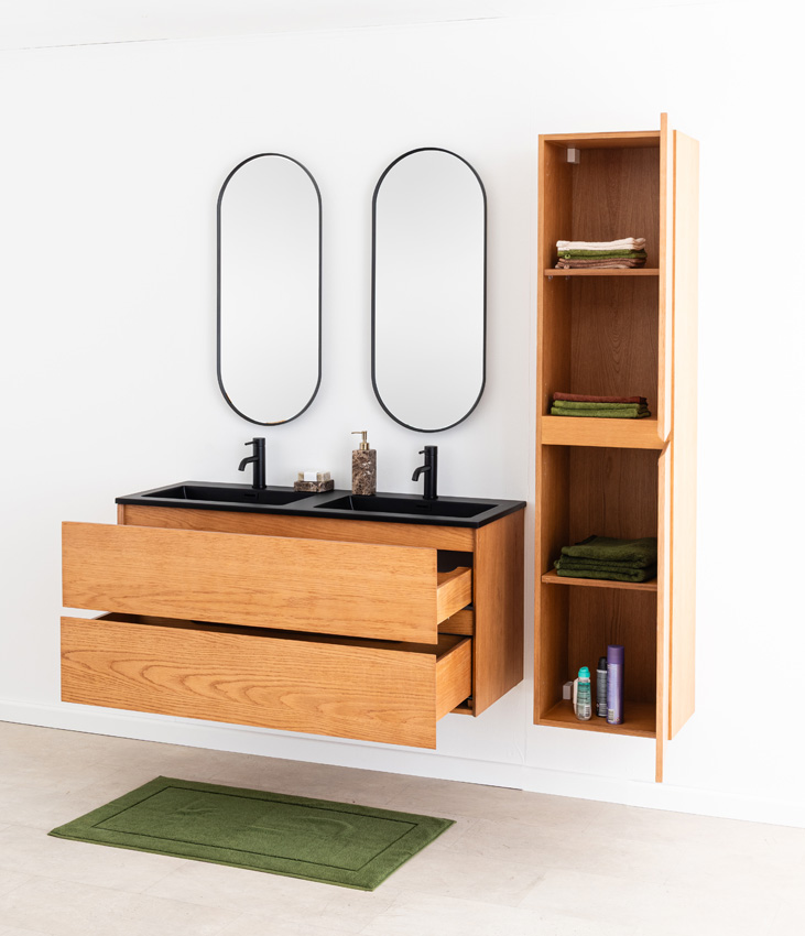 Badkamermeubel Fior eik hangend met dubbele wastafel mat zwart 120cm