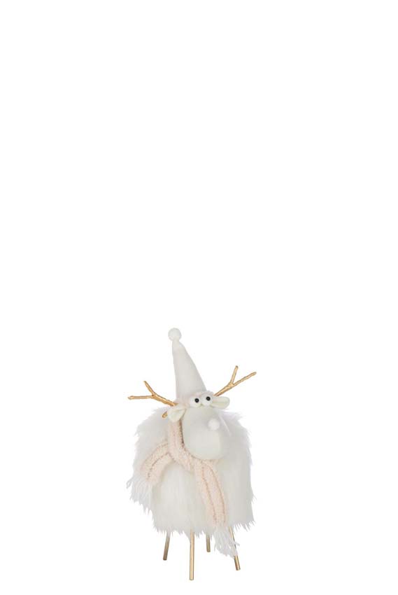 Sculpture renne chapeau + écharpe polyester blanc/beige 21x20x36cm