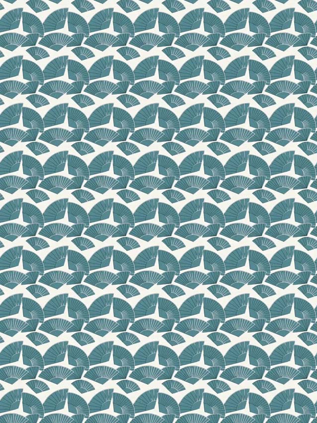 Vinyl op vliesbehang wit + waaiers blauw 0,53x10m