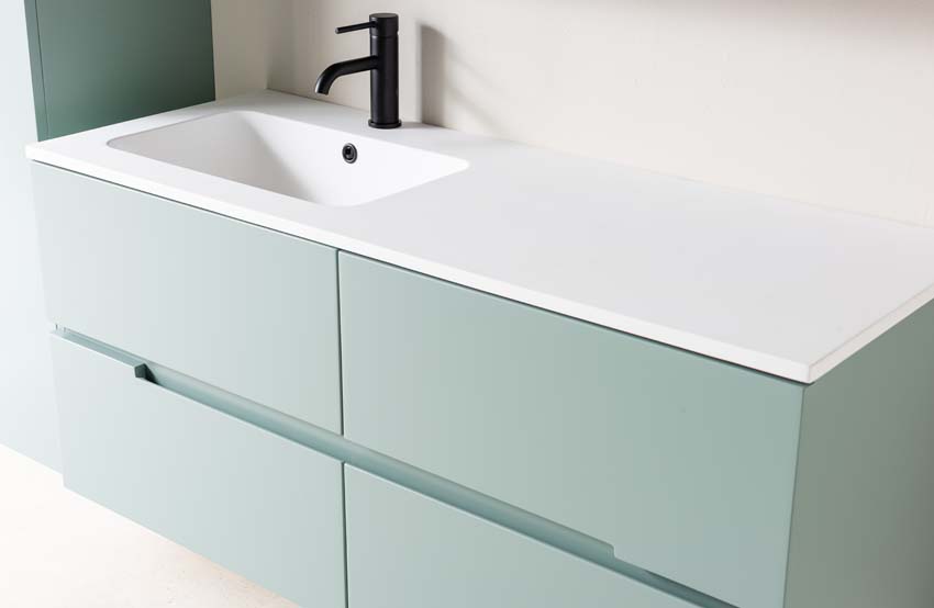 Meuble de salle de bains Truman vert gris suspendu avec lavabo simple à gauche blanc mat 120cm
