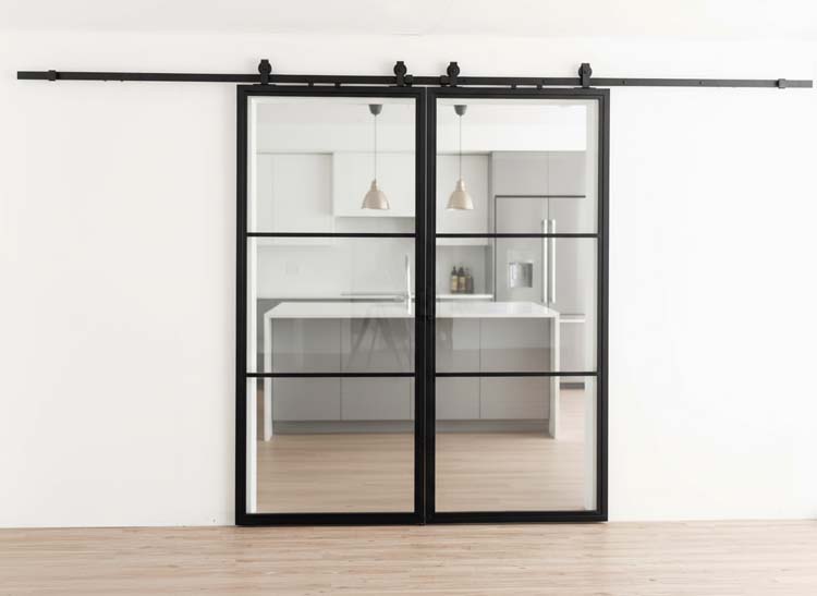 Porte coulissante double en acier complète Tyra 2x3R sur mesure + rail noir