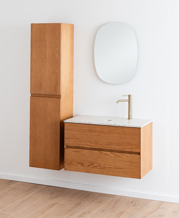 Badkamermeubel Fior eik hangend met enkel topblad terrazzo 90cm
