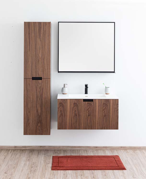 Meuble de salle de bains Willow noyer suspendu avec lavabo simple blanc mat 90cm Meuble de salle de bains Willow noyer suspendu avec lavabo simple blanc mat 90cm