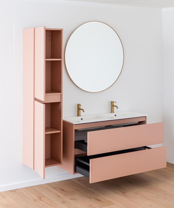Meuble de salle de bains Dotan abricot suspendu avec double lavabo blanc brillant 120cm