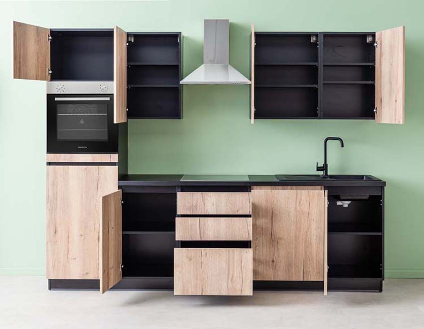 Cuisine Plenti noire/aspect bois 280cm - tiroirs - avec appareils - plaque de cuisson vitrocéramique et hotte murale en inox