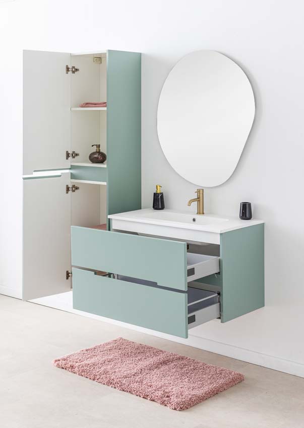 Meuble de salle de bains Truman vert gris suspendu avec lavabo simple blanc mat 90cm