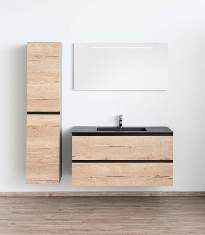 Meuble de salle de bains Dotan chêne suspendu avec lavabo simple noir mat 120cm