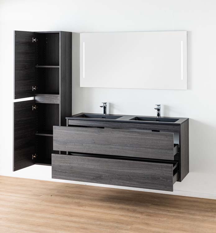 Meuble de salle de bains Dotan chêne foncé suspendu avec lavabo double noir mat 140cm