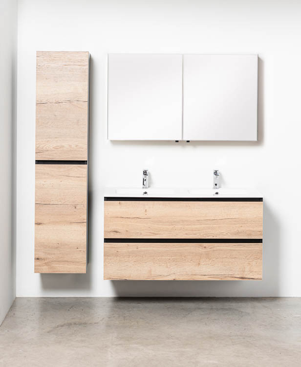 Badkamermeubel Dotan eik hangend met dubbele wastafel glanzend wit 120cm