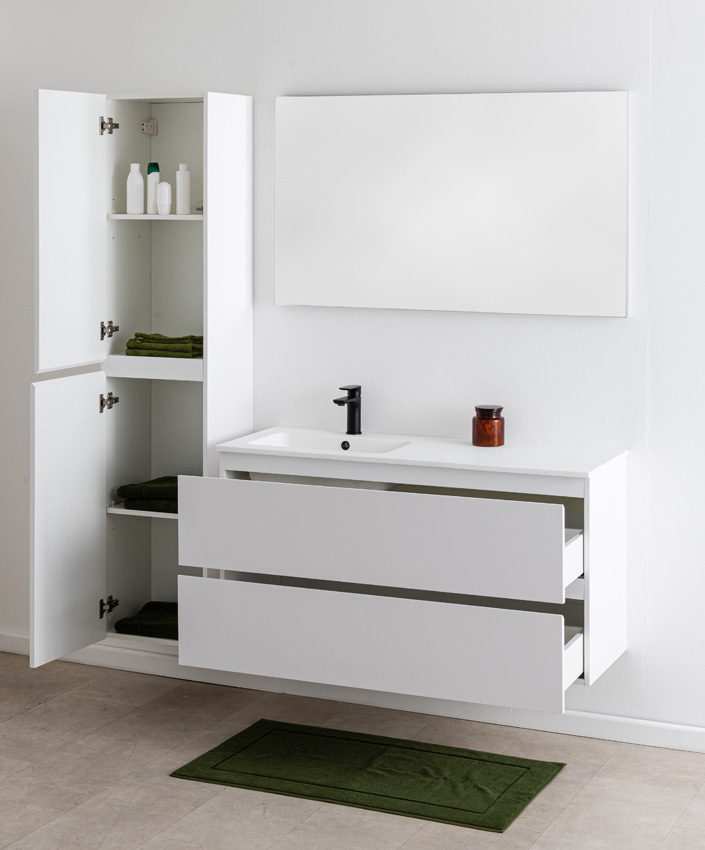 Badkamermeubel Bianca mat wit hangend met enkele wastafel mat wit 120,5cm