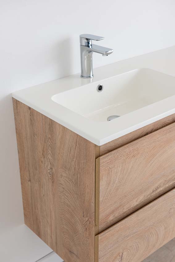 Meuble de salle de bain Tibo en chêne méditerranéen avec vasque simple blanc brillant 120cm