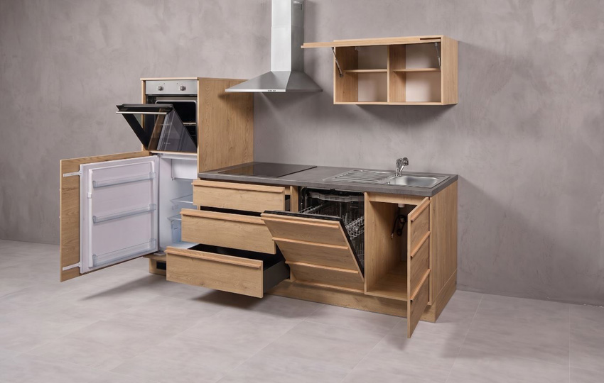 Keuken Nara eik 264cm - met toestellen - vitrokeramische kookplaat en inox wanddampkap