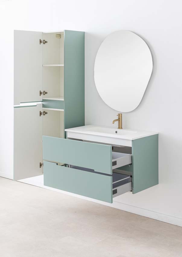 Meuble de salle de bains Truman vert gris suspendu avec lavabo simple blanc mat 90cm