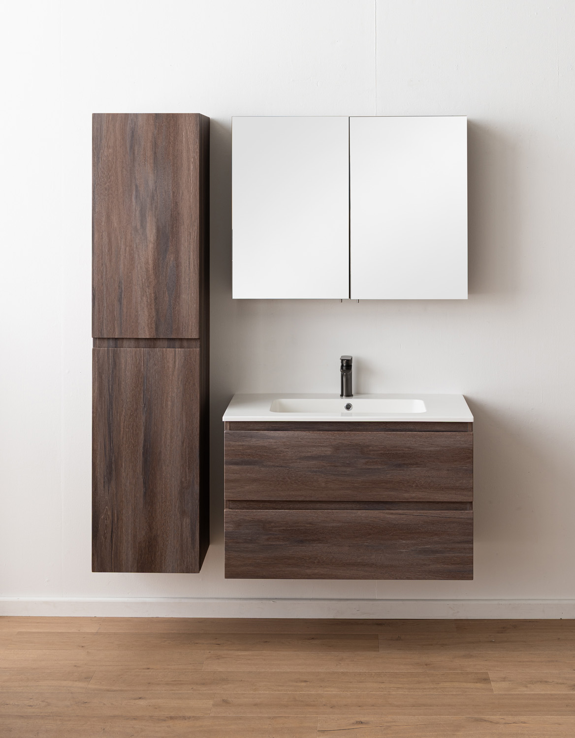 Meuble de salle de bains Tarik chêne ambré suspendu avec vasque simple blanc brillant 90cm
