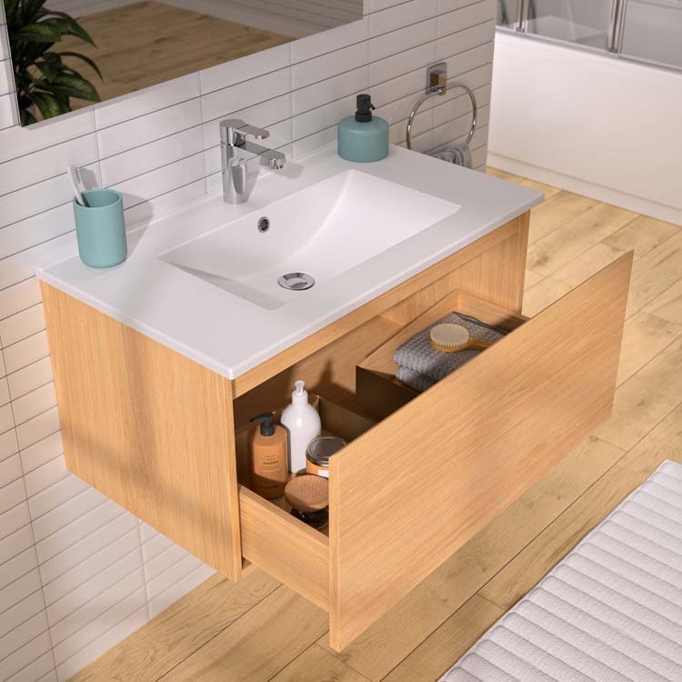 Meuble de salle de bains Atlas chêne suspendu avec lavabo simple blanc brilllant 80cm + miroir et éclairage