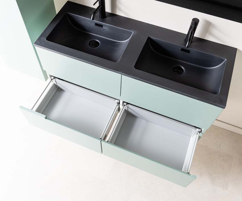 Meuble de salle de bains Truman vert gris suspendu avec lavabo double noir mat 120cm