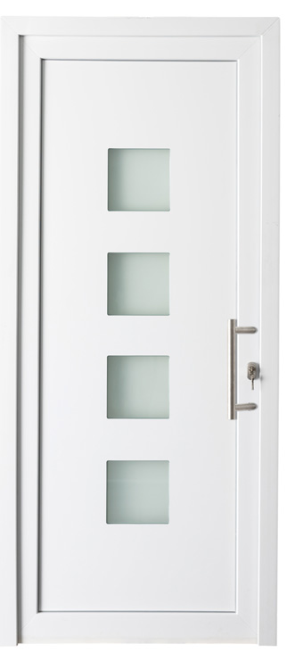 Porte extérieure 4 carrés PVC verre mat blanc 980x2180mm ouvrant à droite