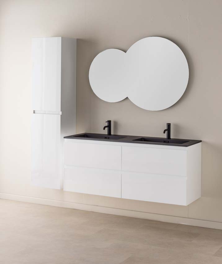 Meuble de salle de bains Tibo blanc suspendu avec lavabo double noir mat 140cm