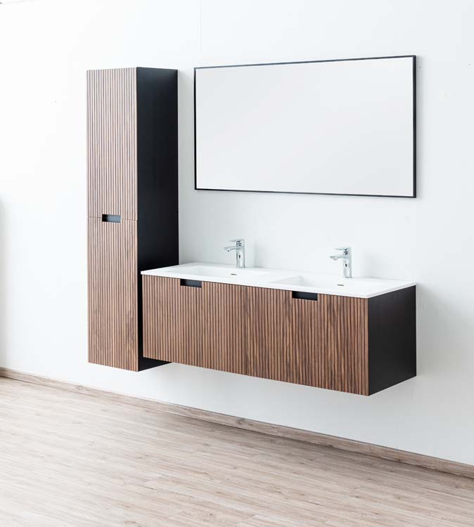 Badkamermeubel Willow walnoot hangend met dubbele wastafel mat wit 140cm