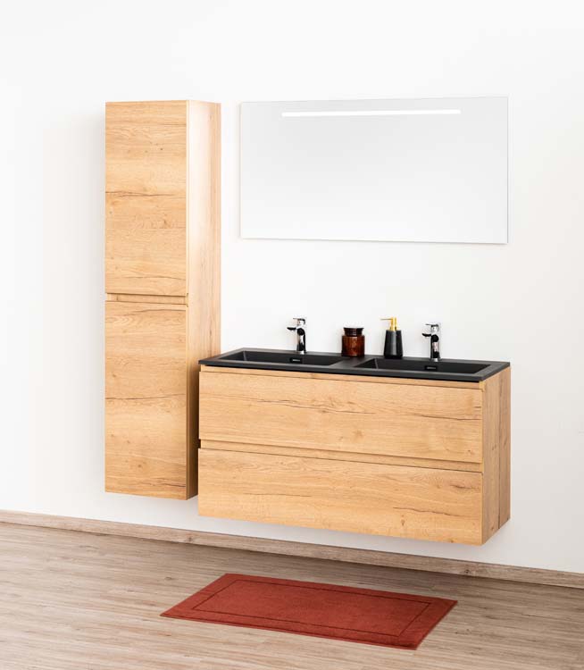 Badkamermeubel Daria eik goudbruin hangend met dubbele wastafel mat zwart 120cm
