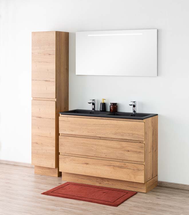 Badkamermeubel Daria eik goudbruin staand met dubbele wastafel mat zwart 120cm