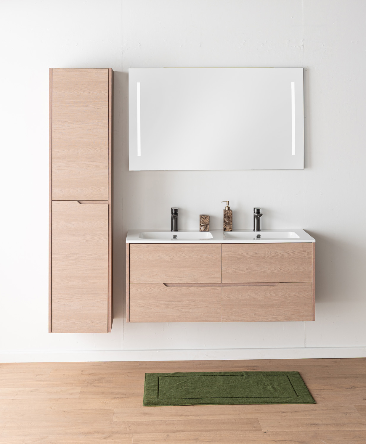 Badkamermeubel Tiago Nordic eik hangend met dubbele wastafel glanzend wit 120cm