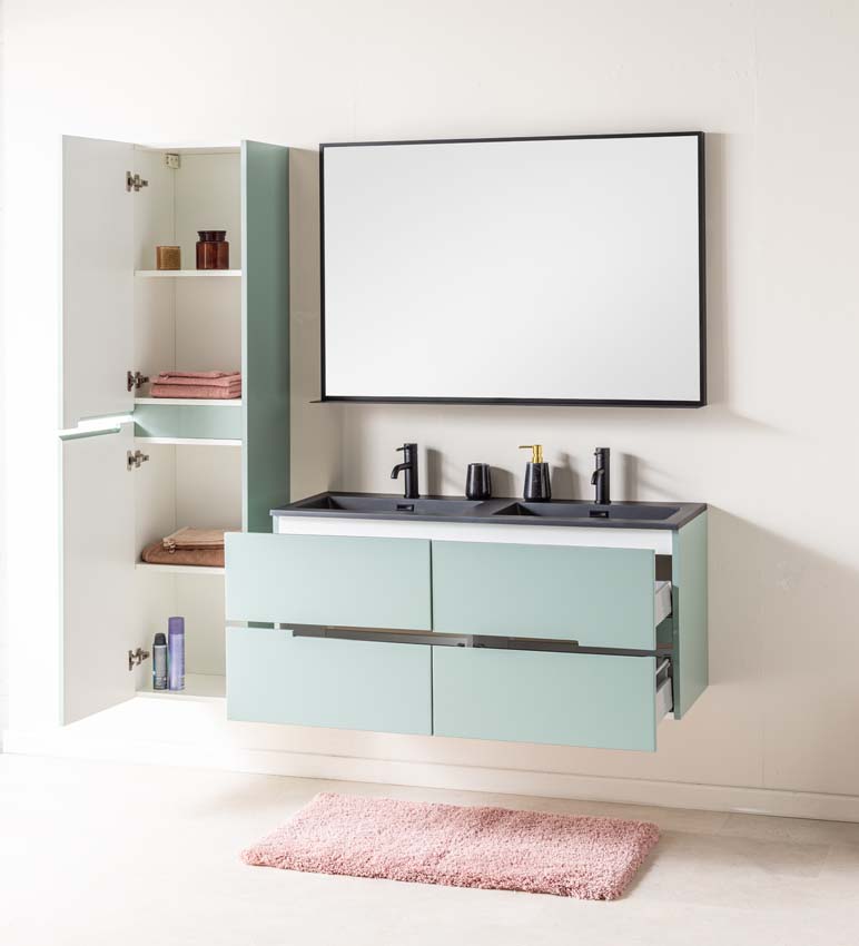 Meuble de salle de bains Truman vert gris suspendu avec lavabo double noir mat 120cm