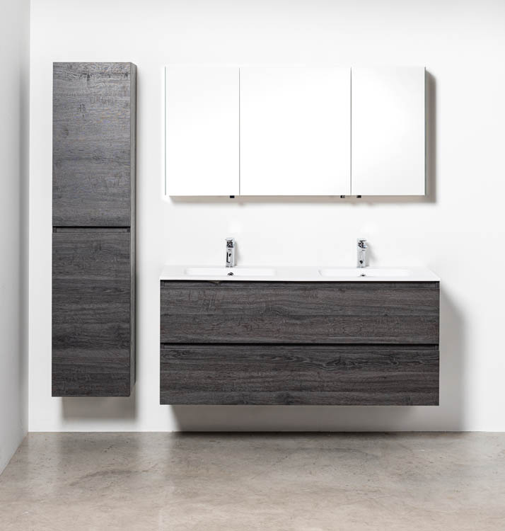 Meuble de salle de bain Dotan chêne foncé 1400 mm 2 lavabo mat