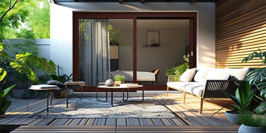 Levant-coulissant en bois Meranti Lapacho Ribe G>D L2500 x H2150 mm
