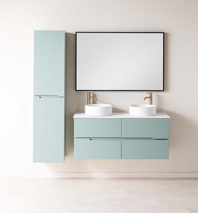 Meuble de salle de bains Truman vert gris suspendu avec double vasque à poser blanc mat 120cm