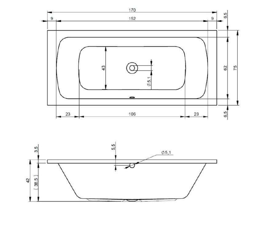 Inbouwbad Verona Duo glanzend wit 170x75cm