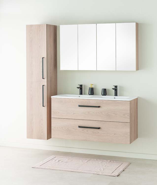 Badkamermeubel Bison eik hangend met dubbele wastafel mat wit 120cm